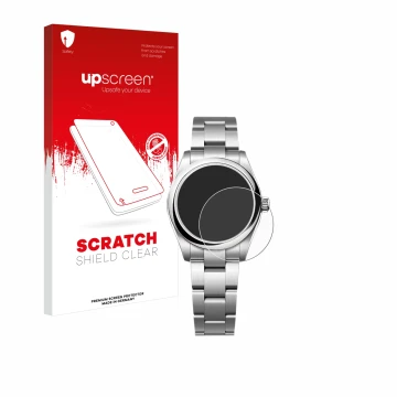 Front side of a product packaging with the brand logo upscreen. Next to it is the device Rolex Oyster Perpetual 31 shown with 