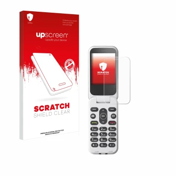 Front side of a product packaging with the brand logo upscreen. Next to it is the device Doro 2820 shown with the correspondin