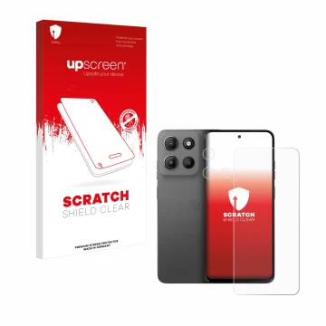 Front side of a product packaging with the brand logo upscreen. Next to it is the device Motorola Moto G15 (Front+Camera) show