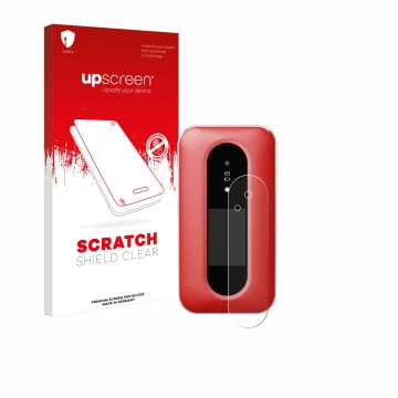 Front side of a product packaging with the brand logo upscreen. Next to it is the device Doro Leva L30 (Outer display) shown w