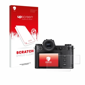 Front side of a product packaging with the brand logo upscreen. Next to it is the device Leica SL3-S (Display + top plate disp