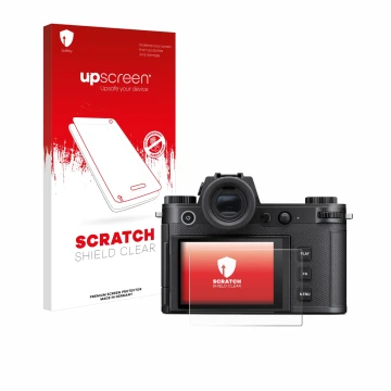 Front side of a product packaging with the brand logo upscreen. Next to it is the device Leica SL3-S shown with the correspond