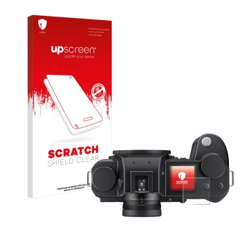 Front side of a product packaging with the brand logo upscreen. Next to it is the device Leica SL3-S (top plate display) shown