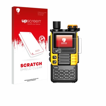 Front side of a product packaging with the brand logo upscreen. Next to it is the device Quansheng UV-K5 (99) shown with the c