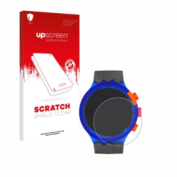 Front side of a product packaging with the brand logo upscreen. Next to it is the device Swatch Neon Party shown with the corr