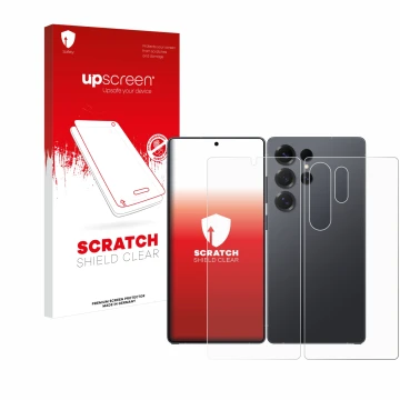 Front side of a product packaging with the brand logo upscreen. Next to it is the device Samsung Galaxy S25 Ultra Enterprise E