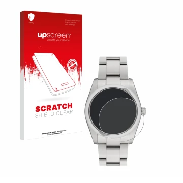 Front side of a product packaging with the brand logo upscreen. Next to it is the device Rolex Oyster Perpetual 34 shown with 