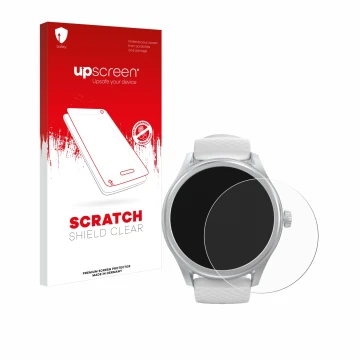 Front side of a product packaging with the brand logo upscreen. Next to it is the device Hama Smartwatch 5010 shown with the c