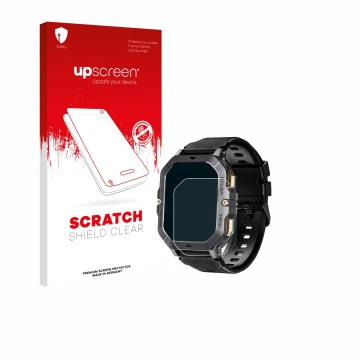 Front side of a product packaging with the brand logo upscreen. Next to it is the device Oukitel BT101 2.02