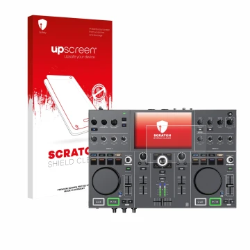 Front side of a product packaging with the brand logo upscreen. Next to it is the device Denon DJ Prime Go+ shown with the cor