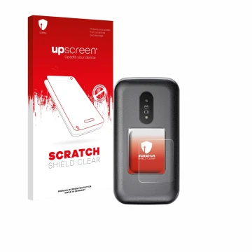 Front side of a product packaging with the brand logo upscreen. Next to it is the device Doro 2880 (Outer display) shown with 