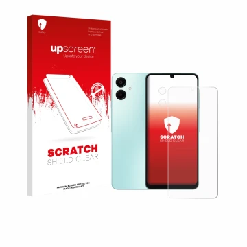 Front side of a product packaging with the brand logo upscreen. Next to it is the device Samsung Galaxy A06 5G (Front+Camera) 