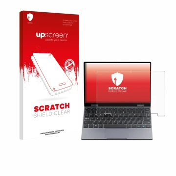 Front side of a product packaging with the brand logo upscreen. Next to it is the device Chuwi MiniBook X N150 shown with the 