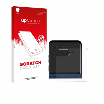 Front side of a product packaging with the brand logo upscreen. Next to it is the device Motorola Razr 60 (Back display) shown