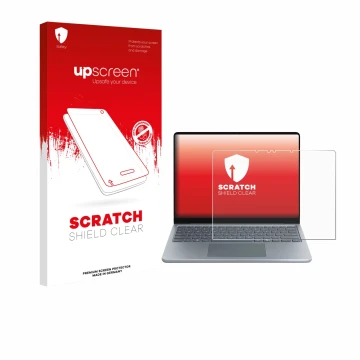 Front side of a product packaging with the brand logo upscreen. Next to it is the device Microsoft Surface Laptop 13