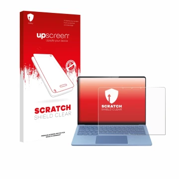 Front side of a product packaging with the brand logo upscreen. Next to it is the device Microsoft Surface Laptop 13.8