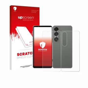 Front side of a product packaging with the brand logo upscreen. Next to it is the device Sony Xperia 1 VII (Front+Back) shown 