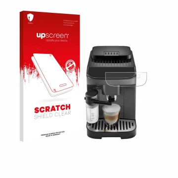 Front side of a product packaging with the brand logo upscreen. Next to it is the device DeLonghi Magnifica Evo shown with the