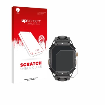 Front side of a product packaging with the brand logo upscreen. Next to it is the device Oukitel BT80 shown with the correspon