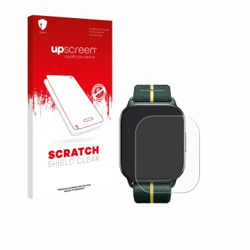 Front side of a product packaging with the brand logo upscreen. Next to it is the device Motorola Moto watch fit shown with th