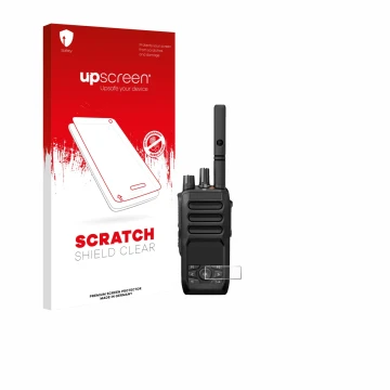 Front side of a product packaging with the brand logo upscreen. Next to it is the device Motorola MOTOTRBO R5 shown with the c