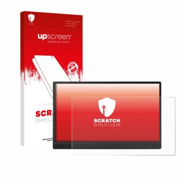 Front side of a product packaging with the brand logo upscreen. Next to it is the device ASUS ZenScreen MB166C shown with the 