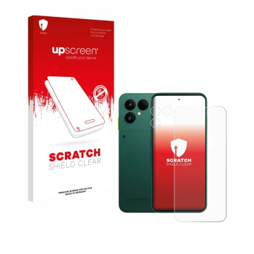 Front side of a product packaging with the brand logo upscreen. Next to it is the device Fairphone 6 (Front+Camera) shown with