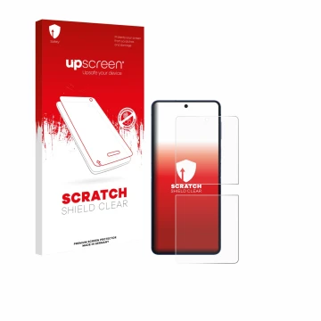 Front side of a product packaging with the brand logo upscreen. Next to it is the device Samsung Galaxy Z Flip 7 shown with th