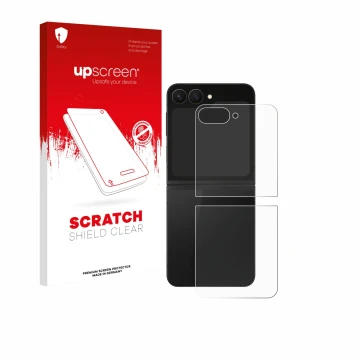 Front side of a product packaging with the brand logo upscreen. Next to it is the device Samsung Galaxy Z Flip 7 FE (Back) sho