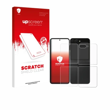Front side of a product packaging with the brand logo upscreen. Next to it is the device Samsung Galaxy Z Flip 7 FE (Front+Bac