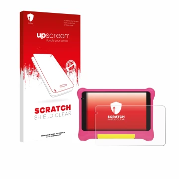 Front side of a product packaging with the brand logo upscreen. Next to it is the device Happybe Kids Tablet 7