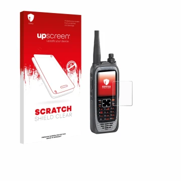 Front side of a product packaging with the brand logo upscreen. Next to it is the device Icom IC-A25NE /IC-A25CE shown with th