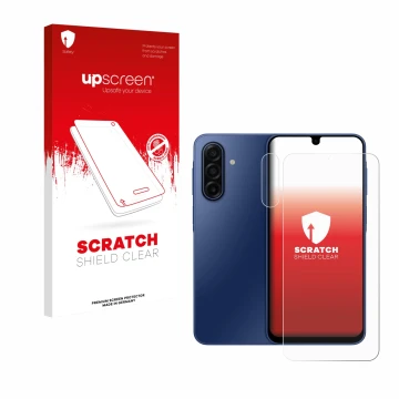 Front side of a product packaging with the brand logo upscreen. Next to it is the device Samsung Galaxy A17 4G (Front+Camera) 