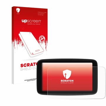 Front side of a product packaging with the brand logo upscreen. Next to it is the device TomTom GO Classic 6