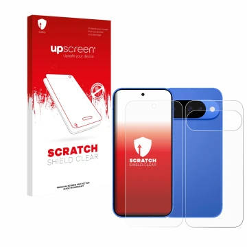 Front side of a product packaging with the brand logo upscreen. Next to it is the device Google Pixel 10 (Front+Back) shown wi