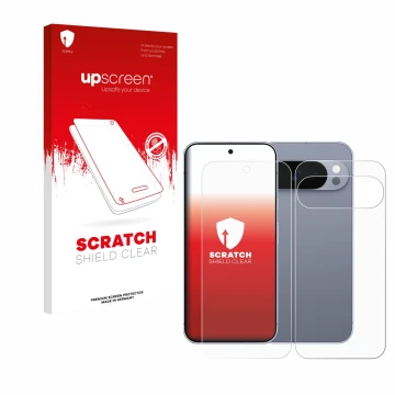 Front side of a product packaging with the brand logo upscreen. Next to it is the device Google Pixel 10 Pro (Front+Back) show