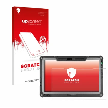 Front side of a product packaging with the brand logo upscreen. Next to it is the device Getac F110 G7 shown with the correspo