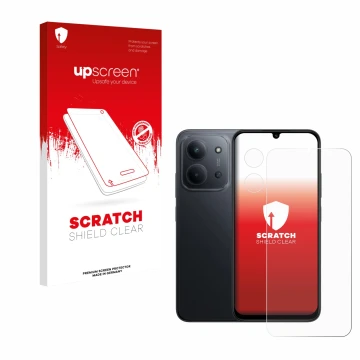 Front side of a product packaging with the brand logo upscreen. Next to it is the device Xiaomi Redmi 15C (Front+Camera) shown