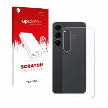 Front side of a product packaging with the brand logo upscreen. Next to it is the device Samsung Galaxy S25 FE (Back) shown wi