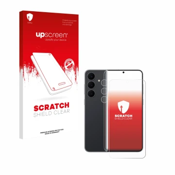 Front side of a product packaging with the brand logo upscreen. Next to it is the device Samsung Galaxy S25 FE (Front+Camera) 