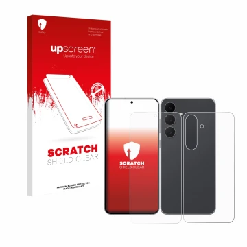 Front side of a product packaging with the brand logo upscreen. Next to it is the device Samsung Galaxy S25 FE (Front+Back) sh
