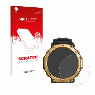 Front side of a product packaging with the brand logo upscreen. Next to it is the device Huami Amazfit T-Rex 3 Pro (48 mm) sho