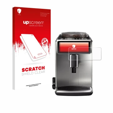 Front side of a product packaging with the brand logo upscreen. Next to it is the device Philips Saeco Xelsis Suprema shown wi