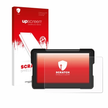 Front side of a product packaging with the brand logo upscreen. Next to it is the device Airpuxem Motorrad Carplay 7