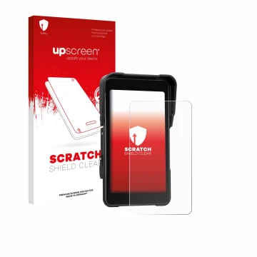 Front side of a product packaging with the brand logo upscreen. Next to it is the device CAMECHO Motorrad Carplay 5