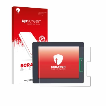 Front side of a product packaging with the brand logo upscreen. Next to it is the device Schneider-electric HMIDT542 shown wit
