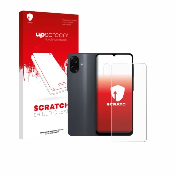 Front side of a product packaging with the brand logo upscreen. Next to it is the device Samsung Galaxy A07 (Front+Camera) sho