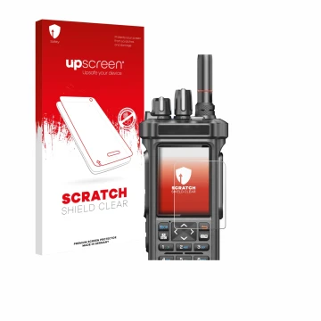 Front side of a product packaging with the brand logo upscreen. Next to it is the device Radtel RT-950 Pro shown with the corr