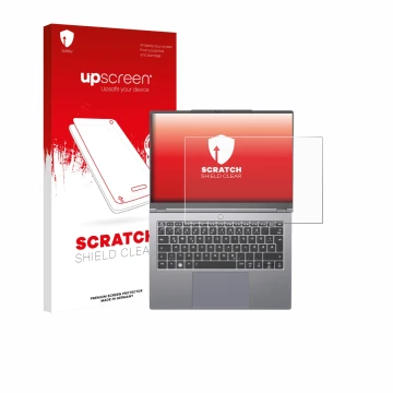 Front side of a product packaging with the brand logo upscreen. Next to it is the device Tuxedo InfinityBook Pro 14 Gen 10 sho