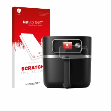 Front side of a product packaging with the brand logo upscreen. Next to it is the device Philips Airfryer HD9880/90 shown with